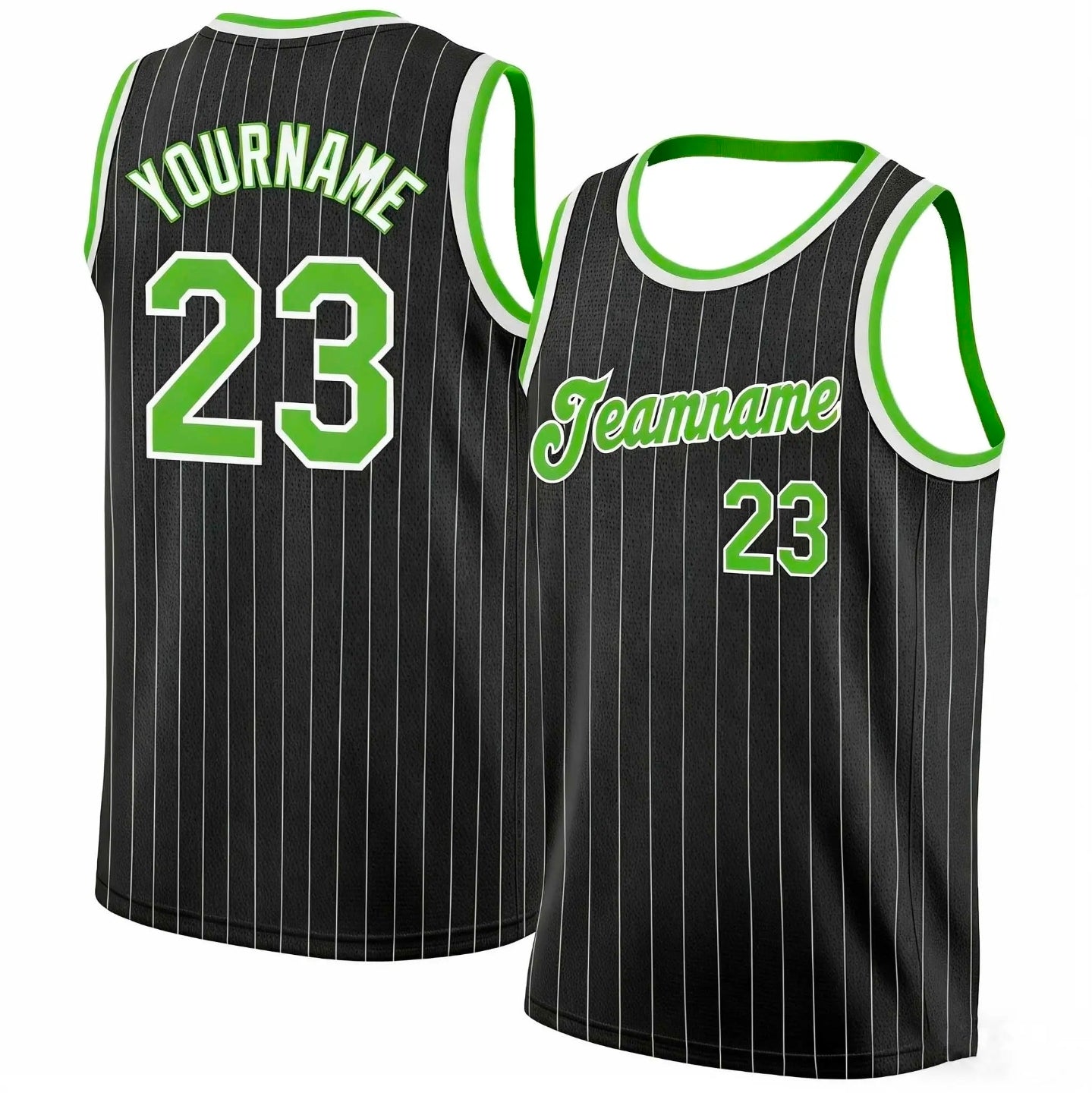 Black Pinstripe Green and White custom basketball jersey by Rock League Athletic Wear