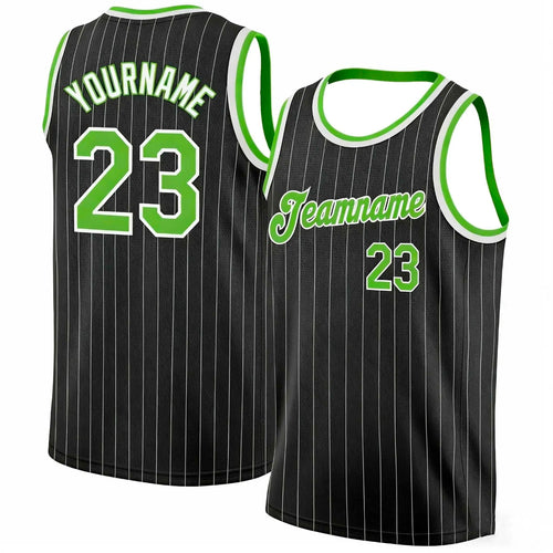 Black Pinstripe Green and White custom basketball jersey by Rock League Athletic Wear