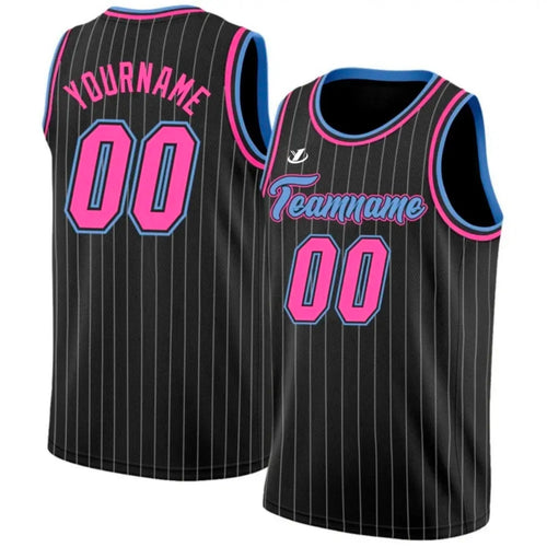 Black Pinstripe Pink and Blue custom basketball jersey by Rock League Athletic Wear