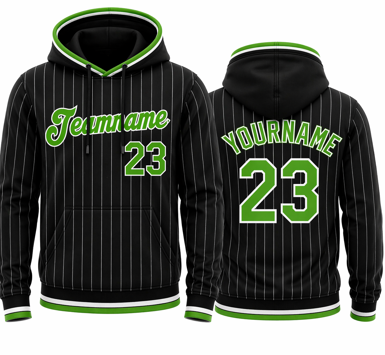 Black Pinstripe Green and White custom team hoodie by Rock League Athletic Wear