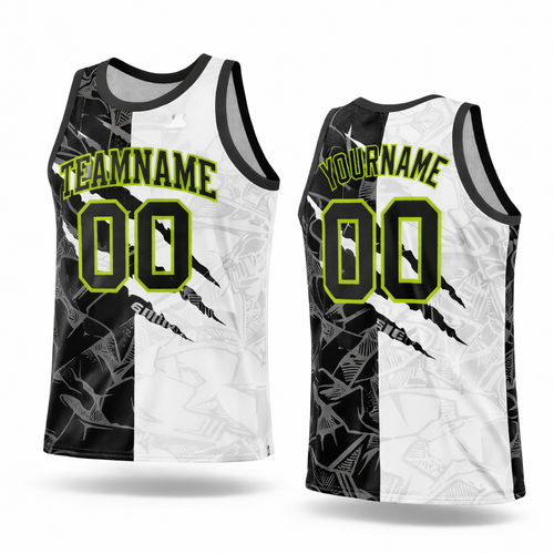 Black and White Split basketball jersey with neon green accent by Rock League Athletic Wear