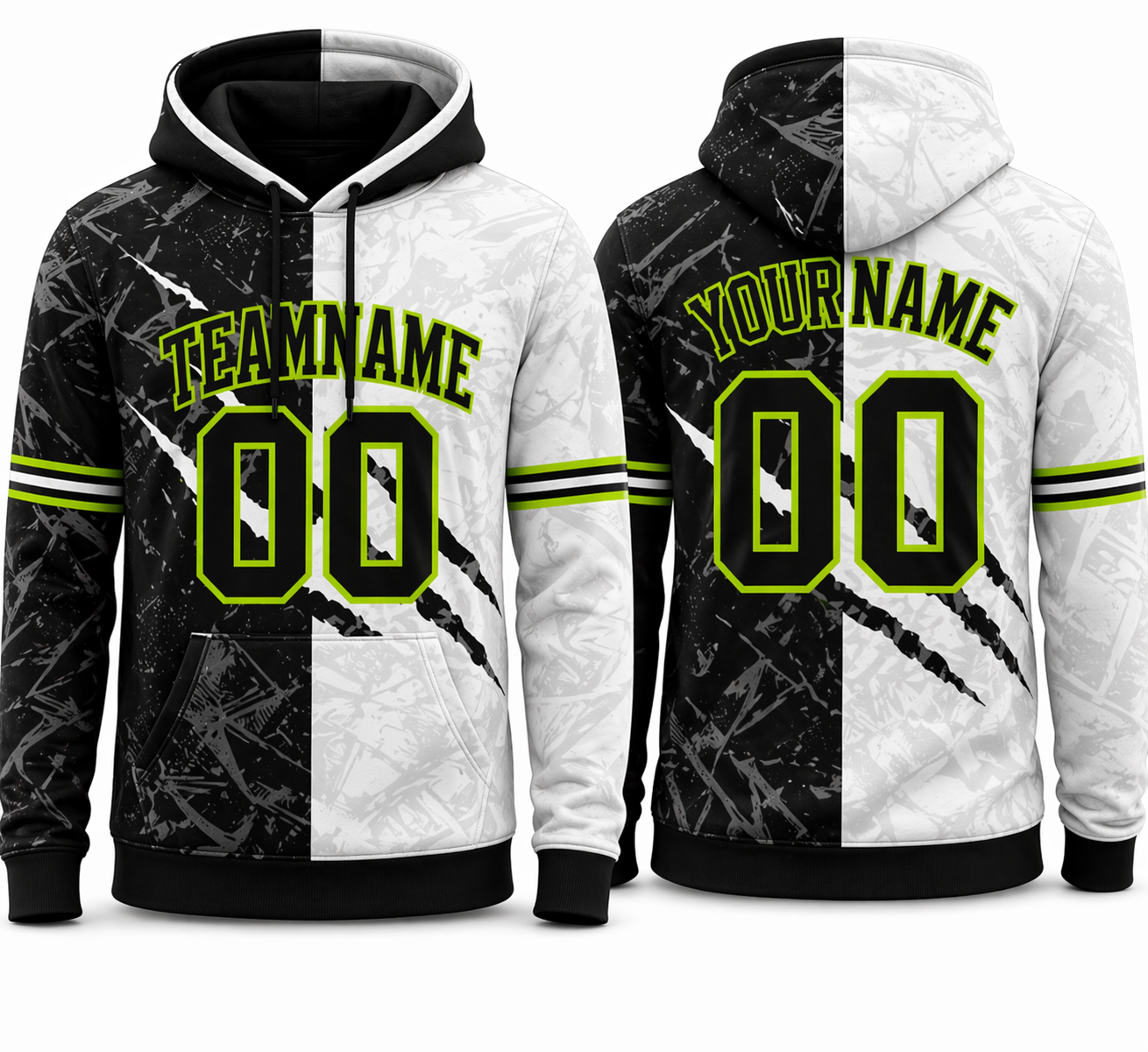 Black and White Split custom team hoodie with neon green design by Rock League Athletic Wear
