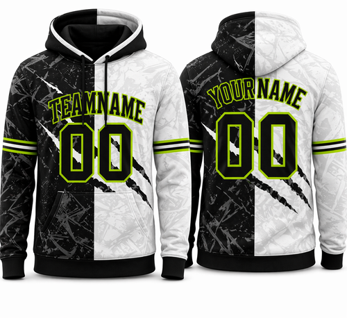 Black and White Split custom team hoodie with neon green design by Rock League Athletic Wear