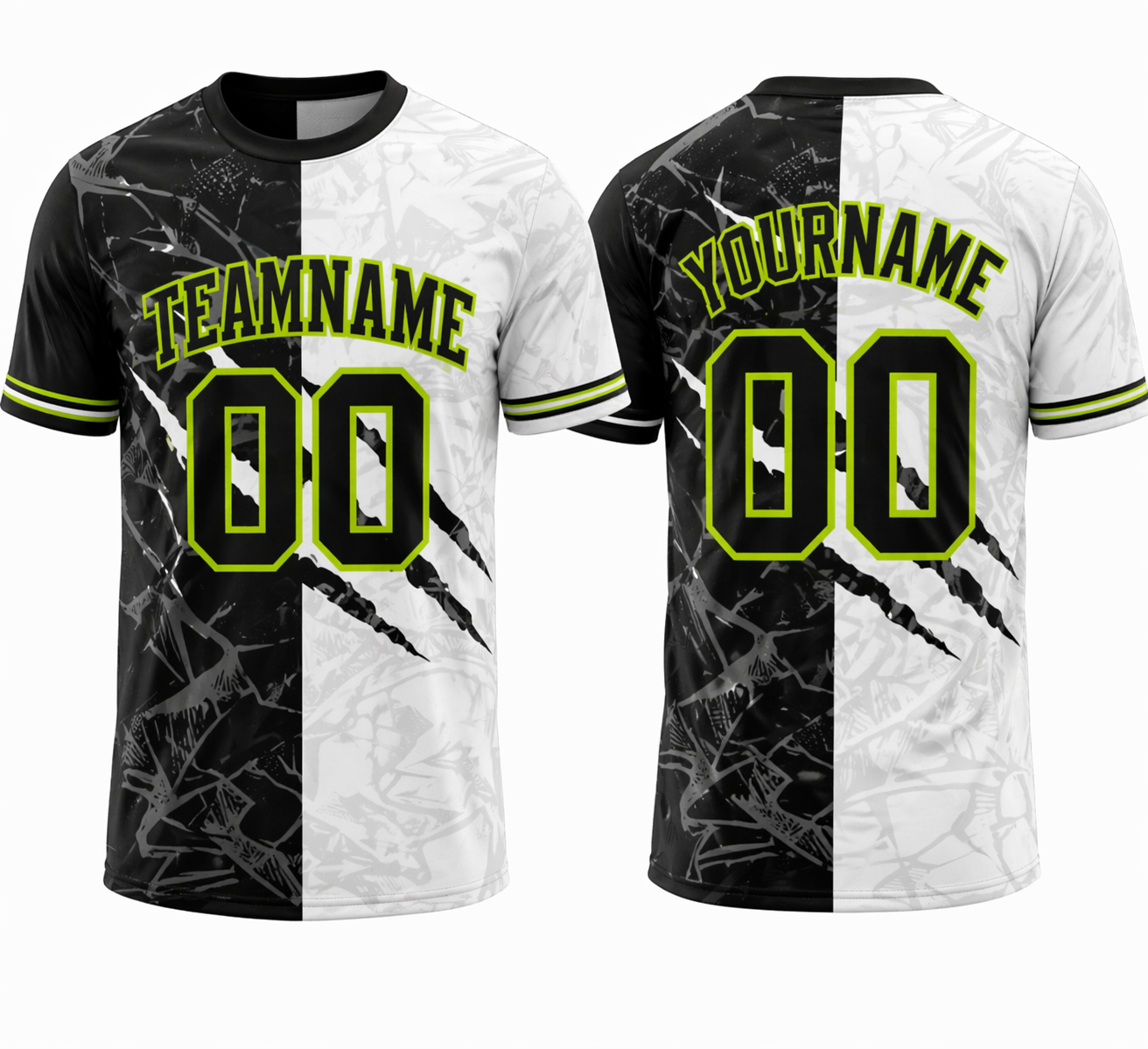 Black and White Split custom sports T-shirt with neon green design by Rock League Athletic Wear