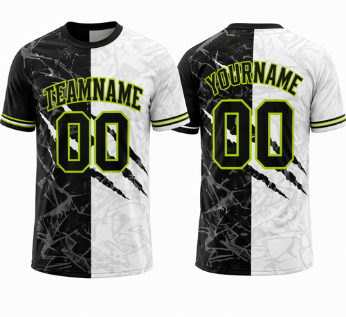 Black and White Split custom sports T-shirt with neon green design by Rock League Athletic Wear