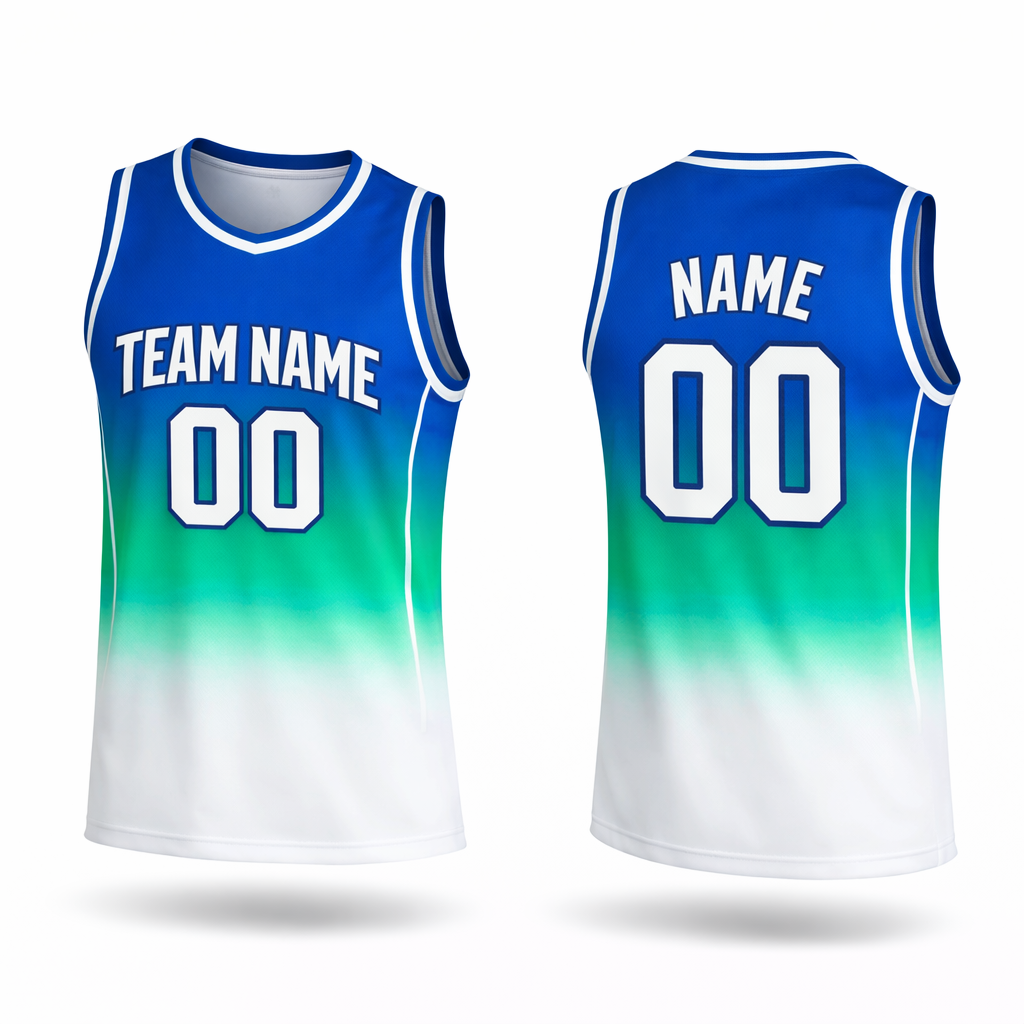 Blue Gradient Green Fade custom basketball jersey by Rock League Athletic Wear