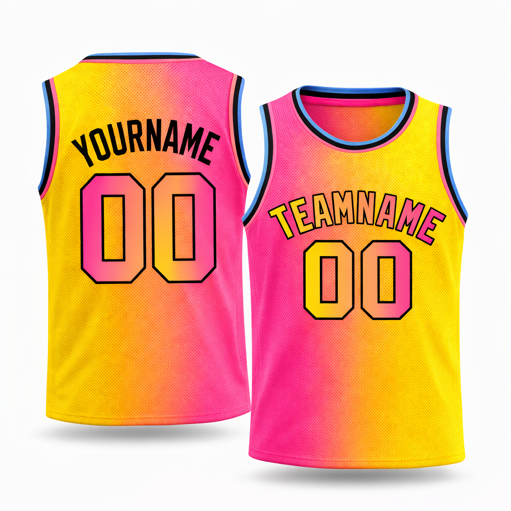 Neon Gradient Pink Yellow basketball jersey by Rock League Athletic Wear