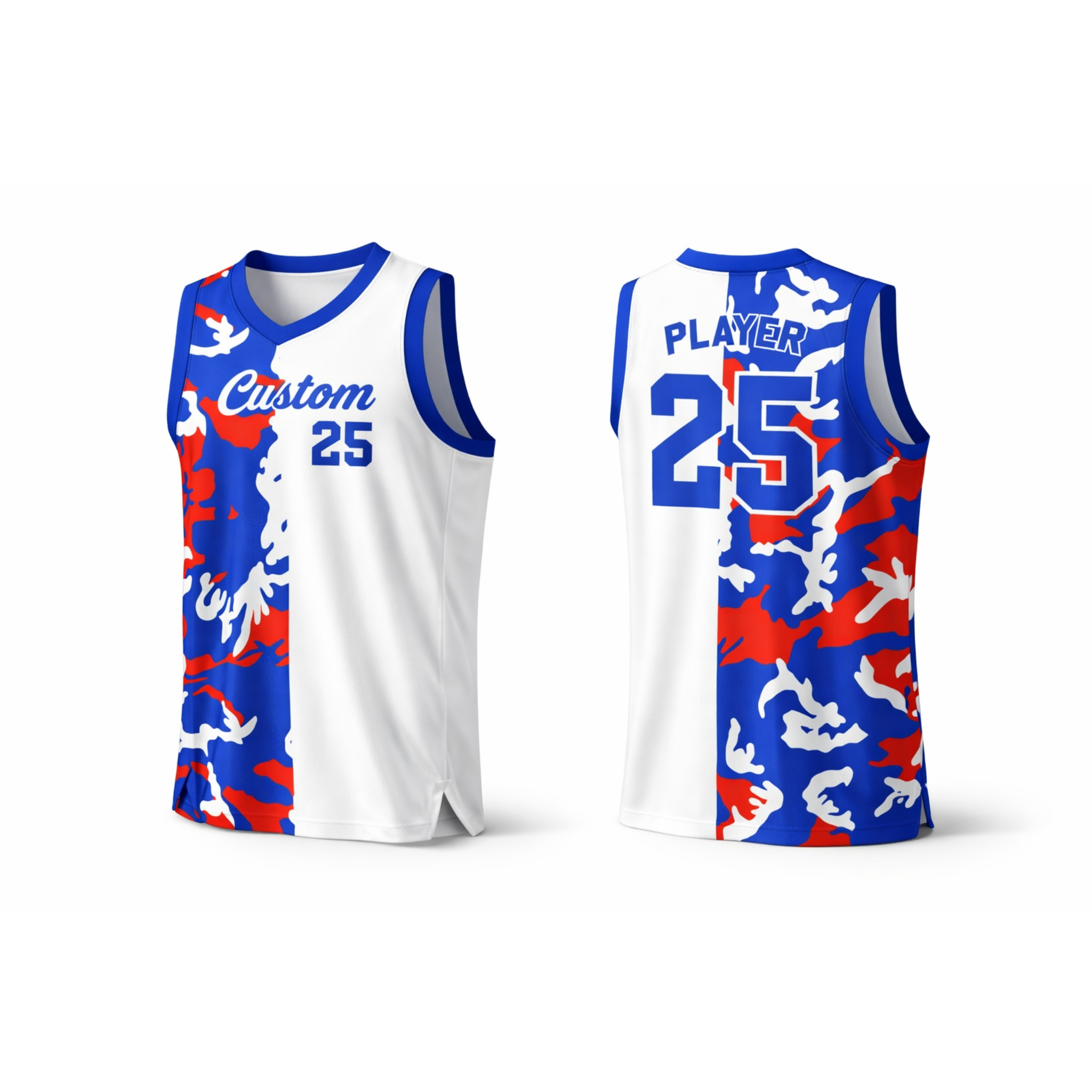 Red Blue Split Camo basketball jersey by Rock League Athletic Wear