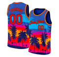 Sunset Palm Tree basketball jersey in neon blue and orange by Rock League Athletic Wear