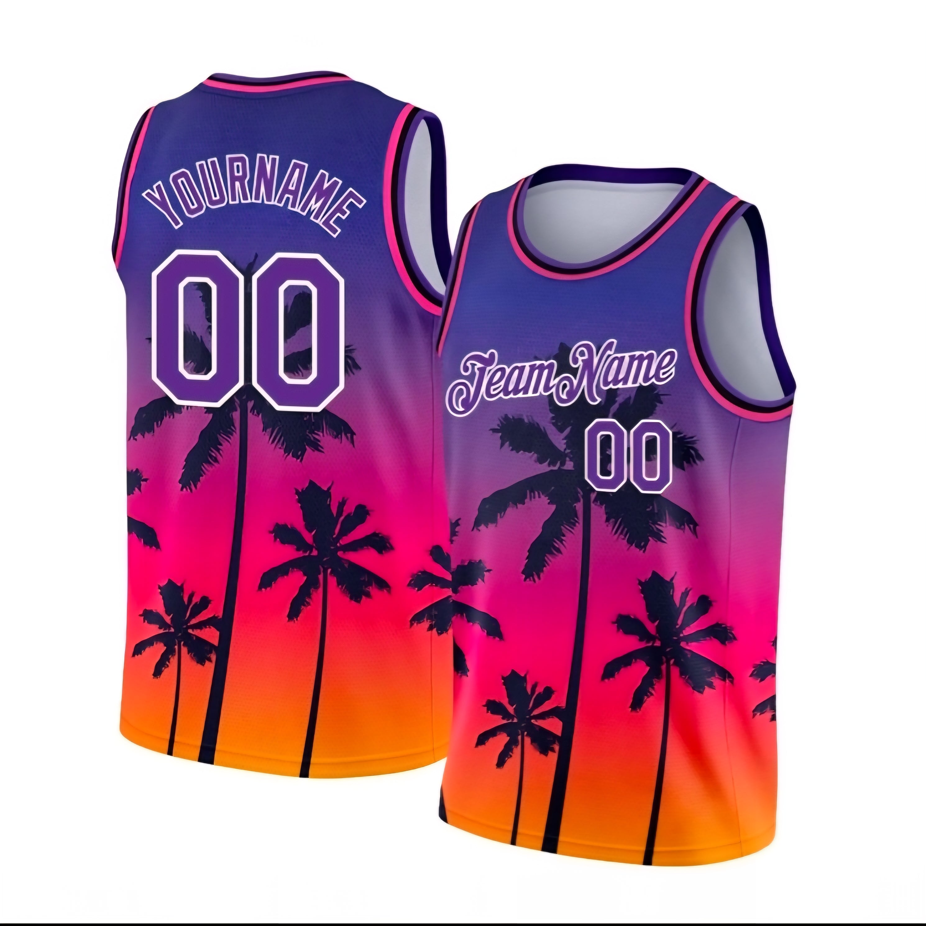 Sunset Palm Tree basketball jersey in purple pink orange by Rock League Athletic Wear