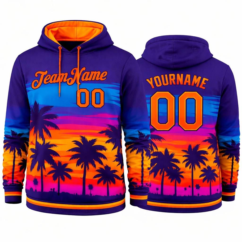Sunset Palm Tree hoodie in neon blue and orange by Rock League Athletic Wear