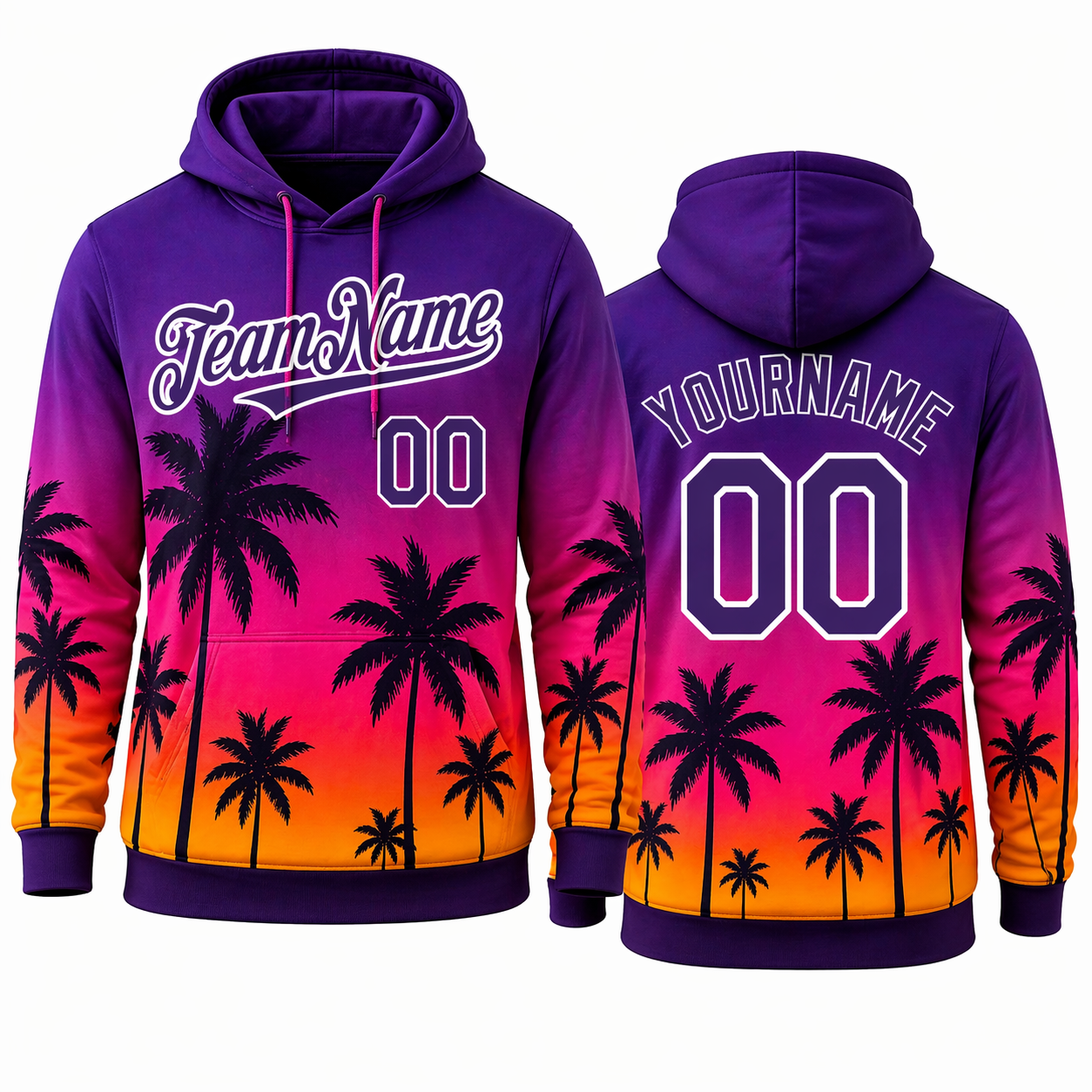 Sunset Palm Tree hoodie in purple pink orange by Rock League Athletic Wear