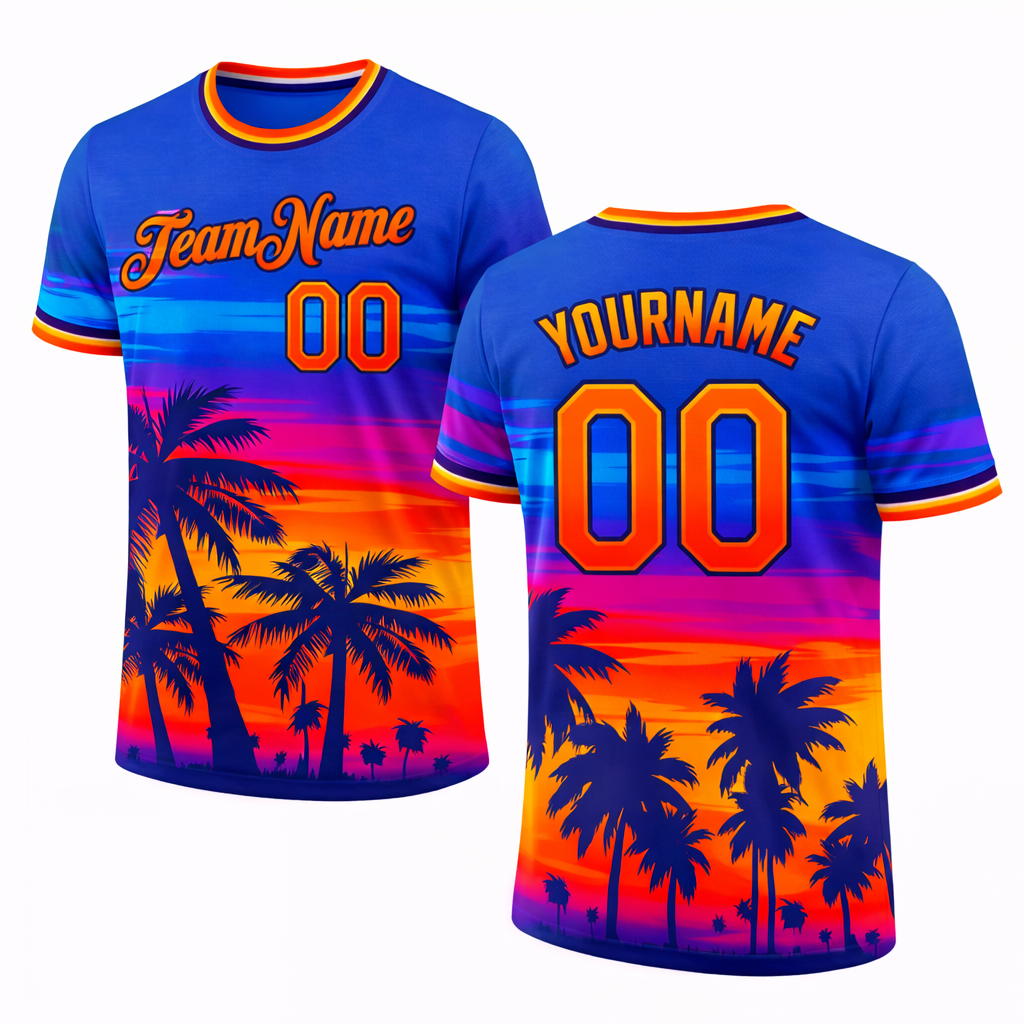 Sunset Palm Tree T-shirt in neon blue and orange by Rock League Athletic Wear