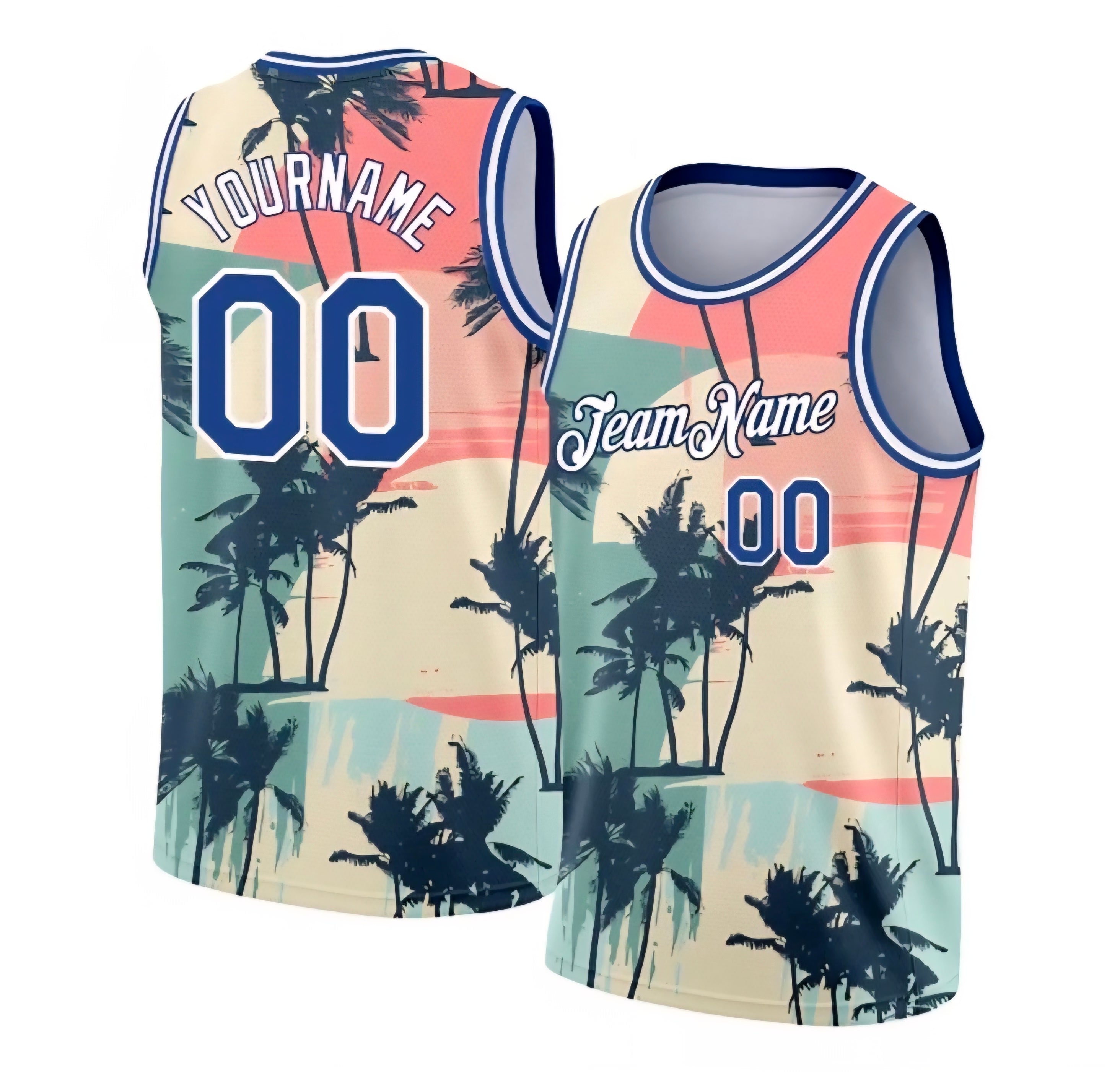 Vintage Palm Tree basketball jersey in cream teal sunset by Rock League Athletic Wear
