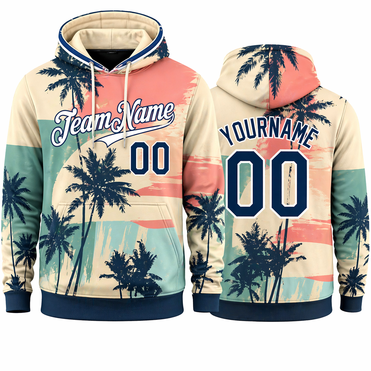 Vintage Palm Tree hoodie in cream teal sunset by Rock League Athletic Wear