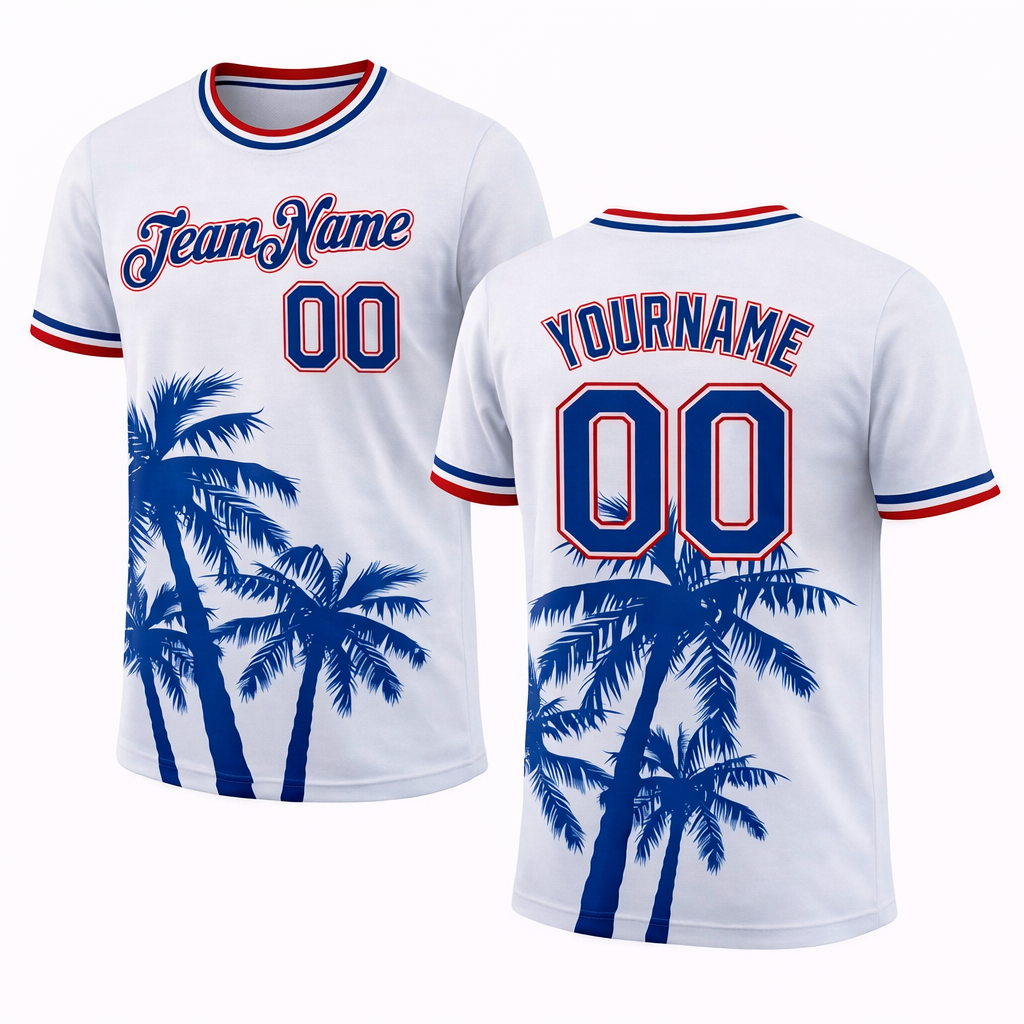 White and Blue Palm Tree T-shirt by Rock League Athletic Wear